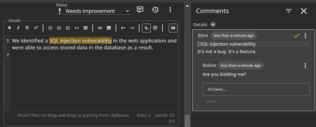 Comments on report fields