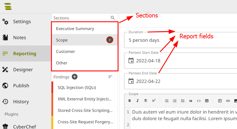 Sections and report fields